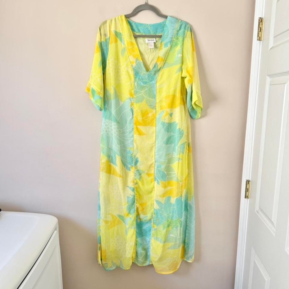 Vintage Barbizon Yellow Blue Kaftan Floral Small 60 70 dayglow midi maxi